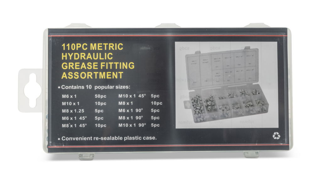 Hydraulische smeernippelset, staal (M6×1/M8×1/M10), 10 maten, 110 stuks